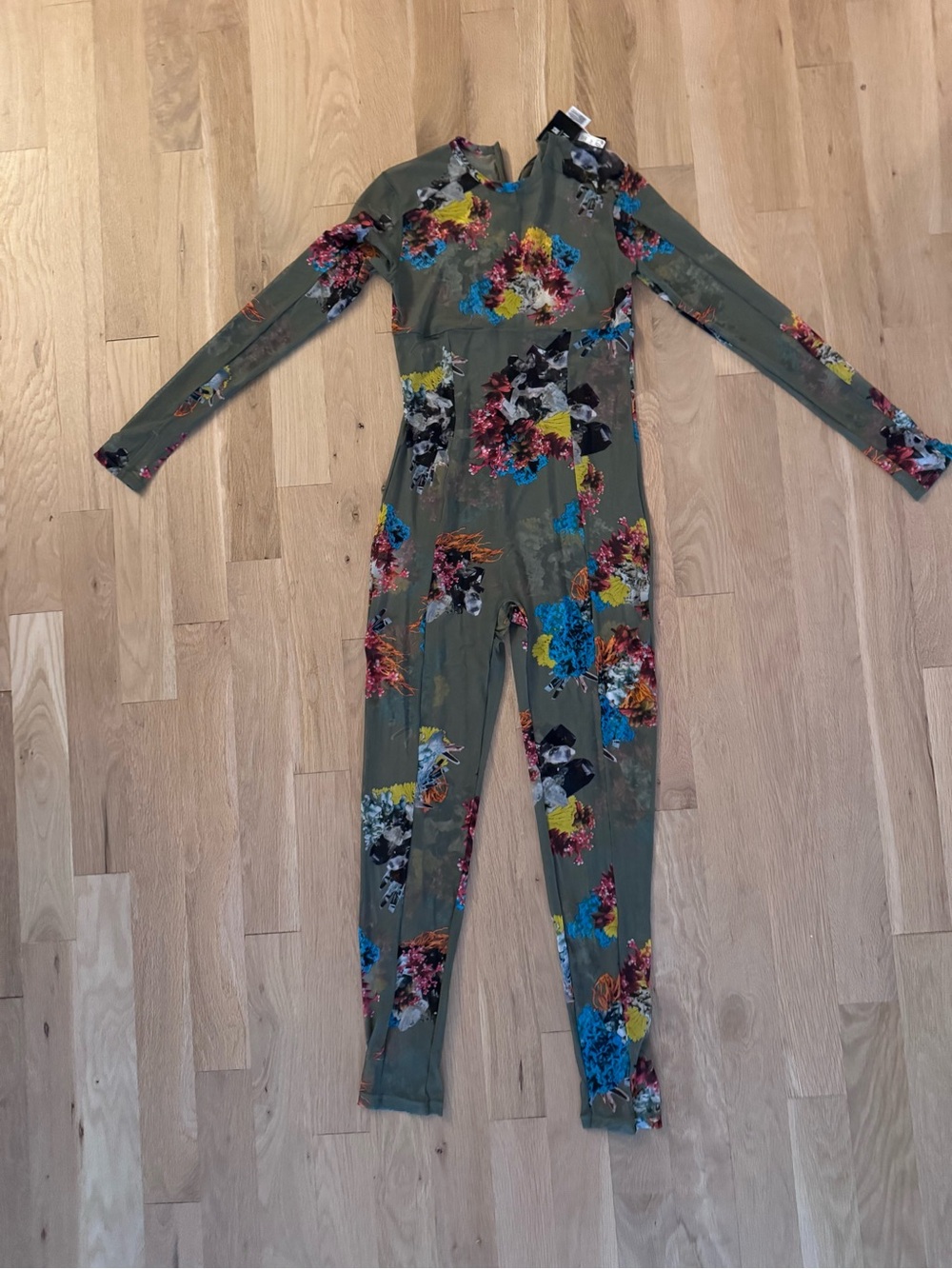 Ivy Park - Sheer Floral Print Olive Long-Sleeve Jumpsuit